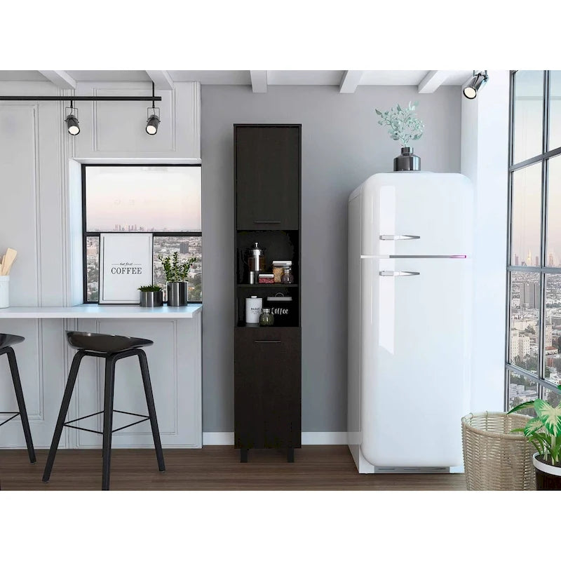 Black Tall Pantry Cabinet with Two Doors and Shelves