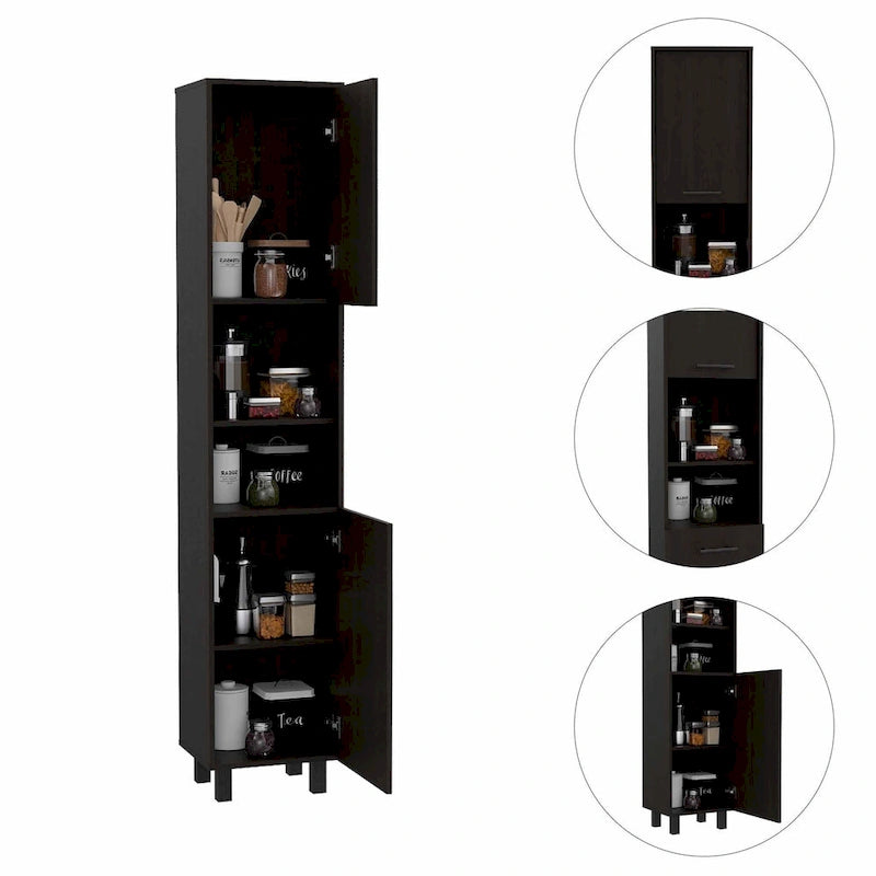 Black Tall Pantry Cabinet with Two Doors and Shelves