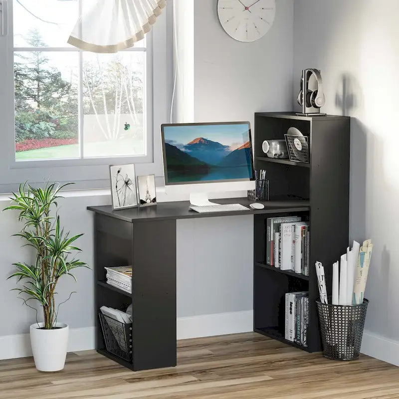Compact Computer Desk with 6-Tier Bookshelf for Home Office
