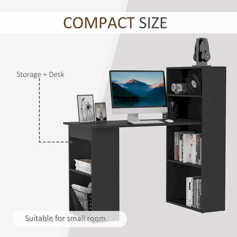 Compact Computer Desk with 6-Tier Bookshelf for Home Office