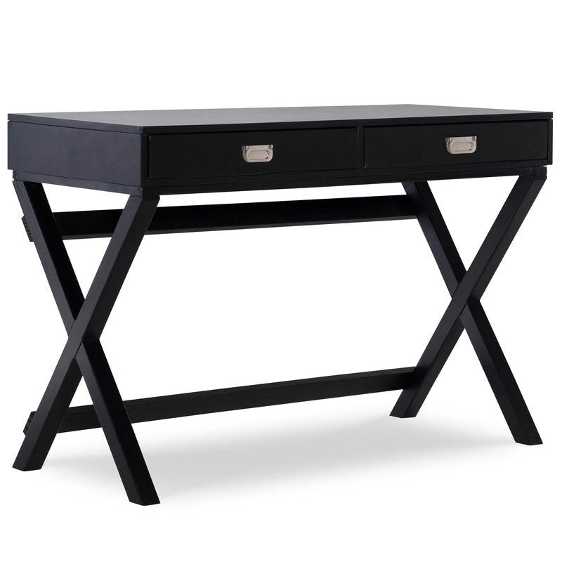 Black Campaign-Style Writing Desk with Two Drawers