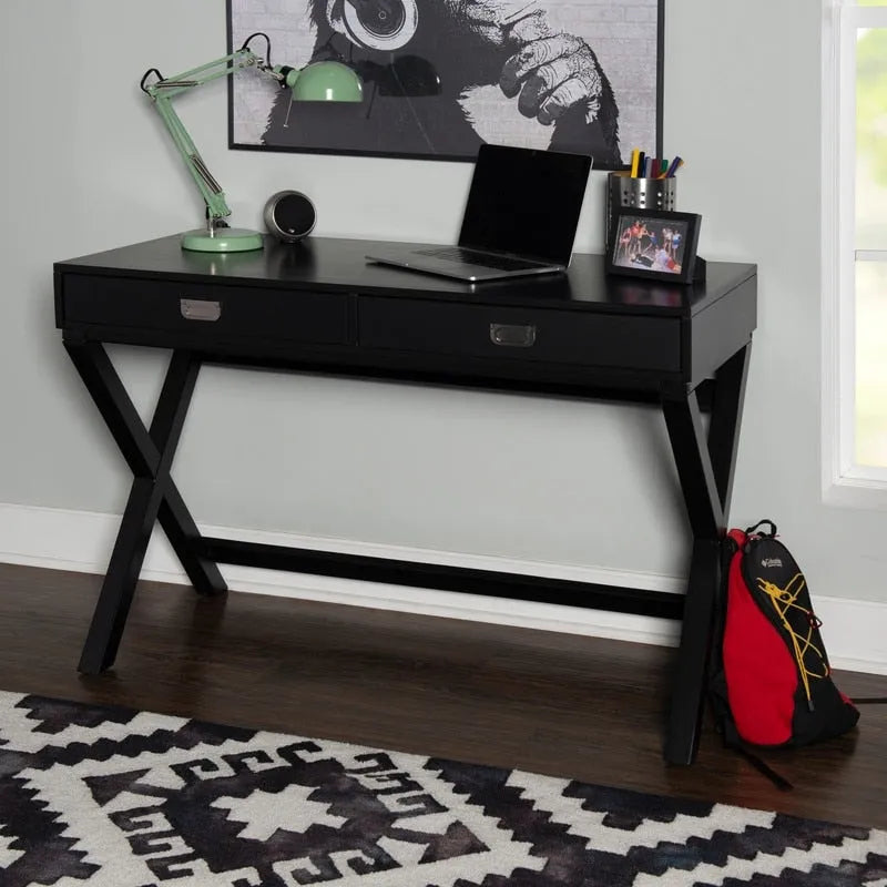 Black Campaign-Style Writing Desk with Two Drawers