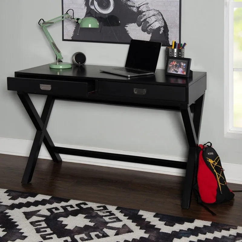 Black Campaign-Style Writing Desk with Two Drawers