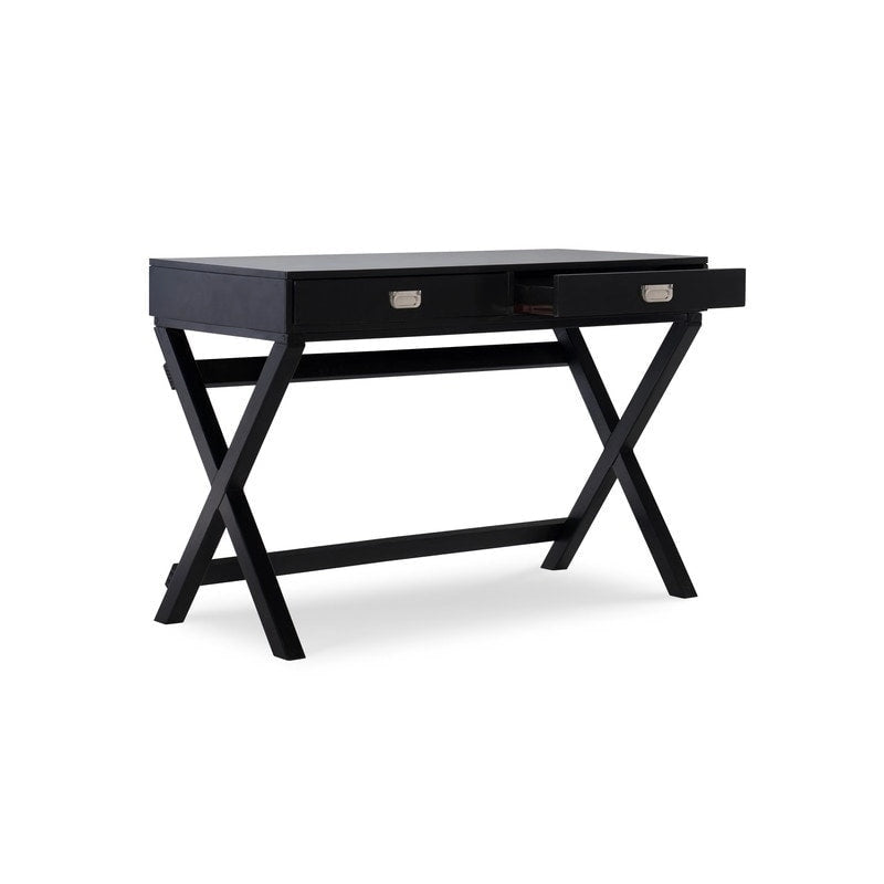 Black Campaign-Style Writing Desk with Two Drawers
