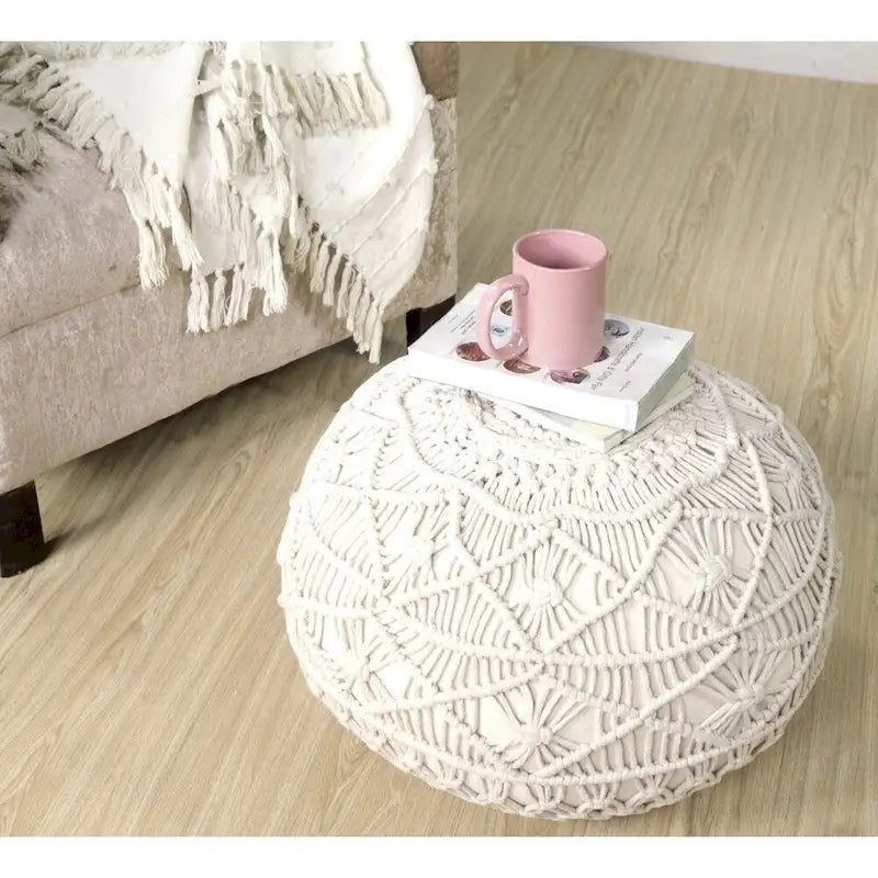 Natural Cotton Hand-Knotted Pouf Ottoman with Polystyrene Fill