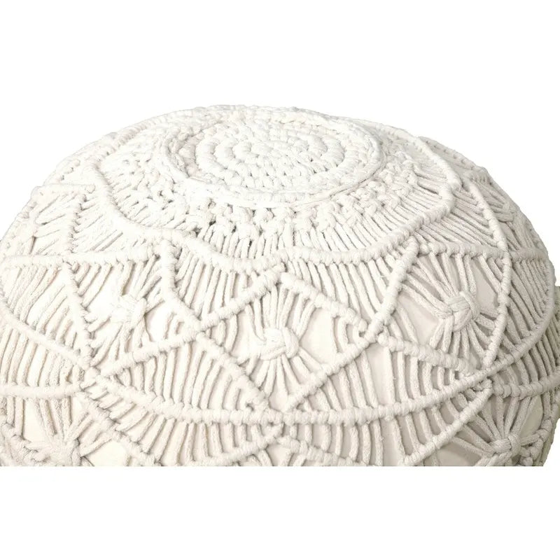 Natural Cotton Hand-Knotted Pouf Ottoman with Polystyrene Fill