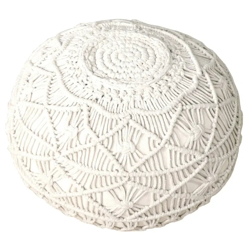 Natural Cotton Hand-Knotted Pouf Ottoman with Polystyrene Fill