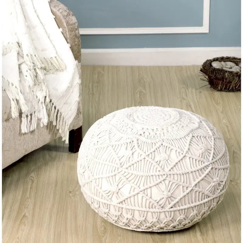 Natural Cotton Hand-Knotted Pouf Ottoman with Polystyrene Fill