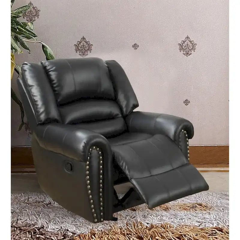 Black Bonded Leather Recliner Glider Chair with Nailhead Trim