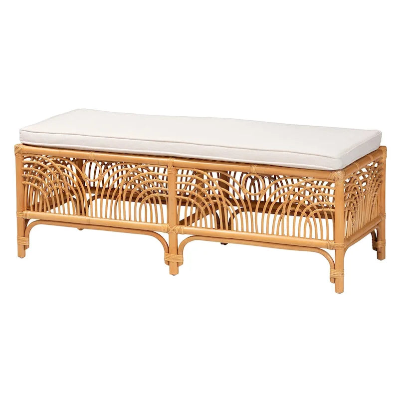 Modern Bohemian Natural Brown Rattan Bench with Cushion