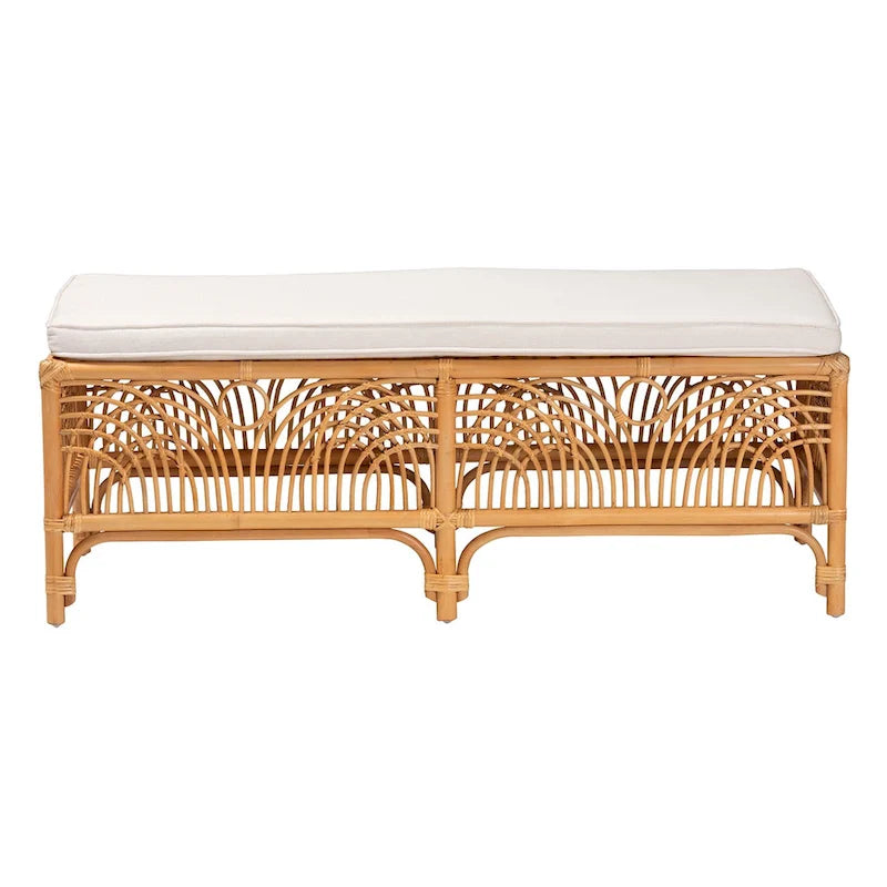 Modern Bohemian Natural Brown Rattan Bench with Cushion