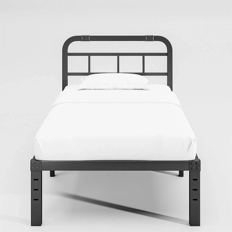 Industrial Black Metal Bed Frame with Headboard and Support