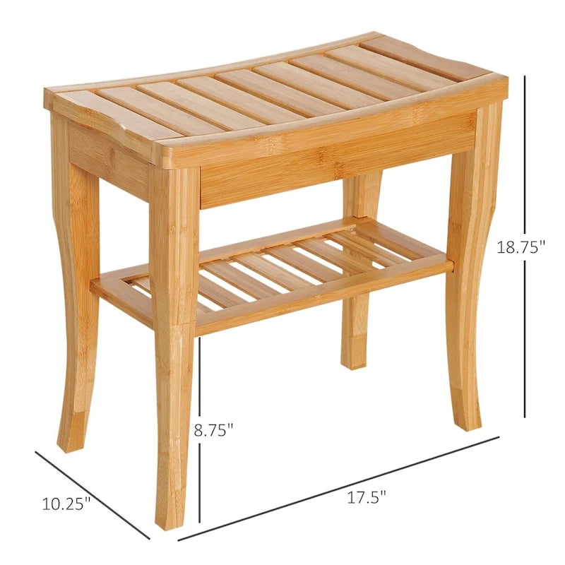 Long Bamboo Shower Bench Seat, Wooden Spa Shower Stool w/Storage Shelf