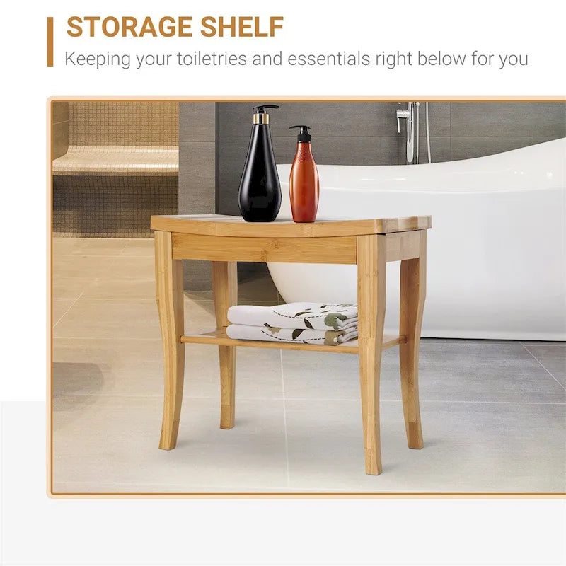 Long Bamboo Shower Bench Seat, Wooden Spa Shower Stool w/Storage Shelf