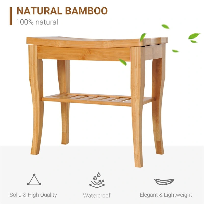Long Bamboo Shower Bench Seat, Wooden Spa Shower Stool w/Storage Shelf