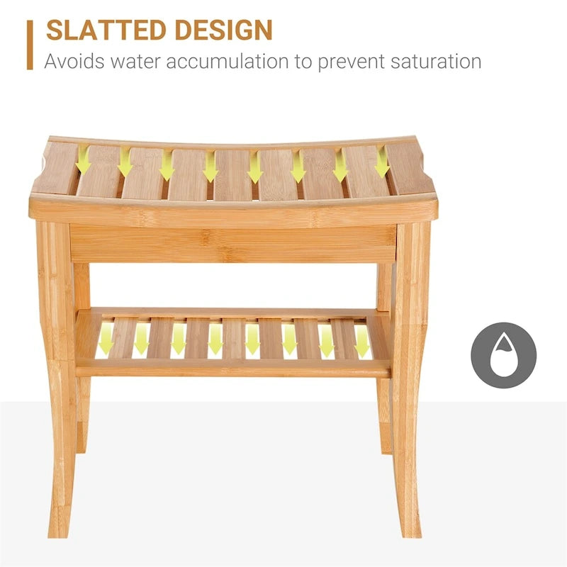 Long Bamboo Shower Bench Seat, Wooden Spa Shower Stool w/Storage Shelf