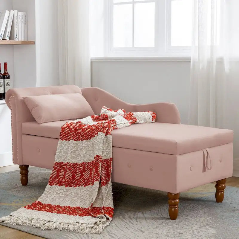Upholstered Chaise Lounge with Hidden Storage and Nailhead Trim