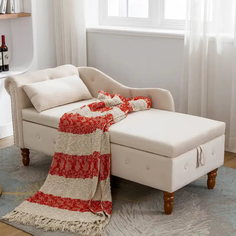 Upholstered Chaise Lounge with Hidden Storage and Nailhead Trim