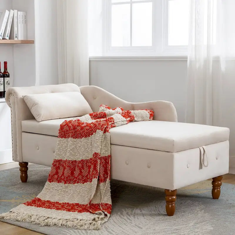 Upholstered Chaise Lounge with Hidden Storage and Nailhead Trim