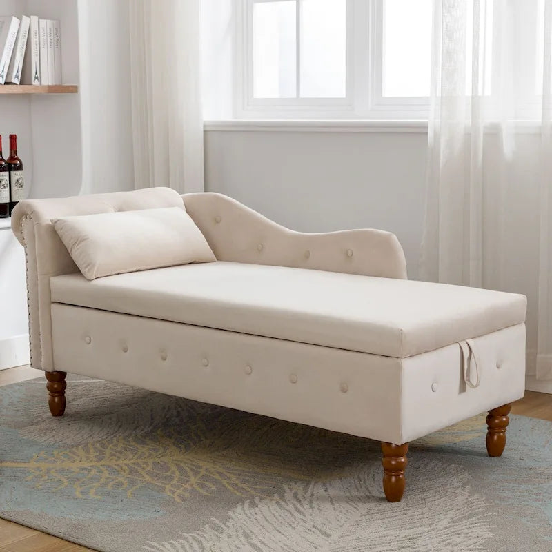 Upholstered Chaise Lounge with Hidden Storage and Nailhead Trim