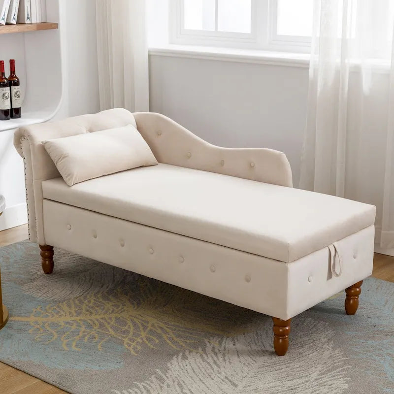 Upholstered Chaise Lounge with Hidden Storage and Nailhead Trim