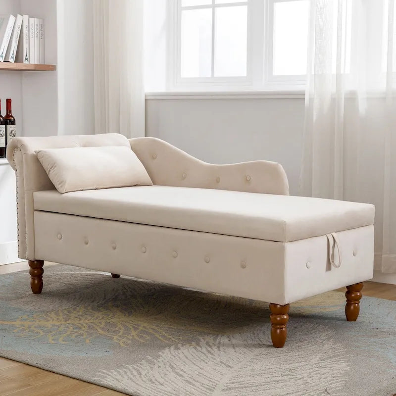 Upholstered Chaise Lounge with Hidden Storage and Nailhead Trim
