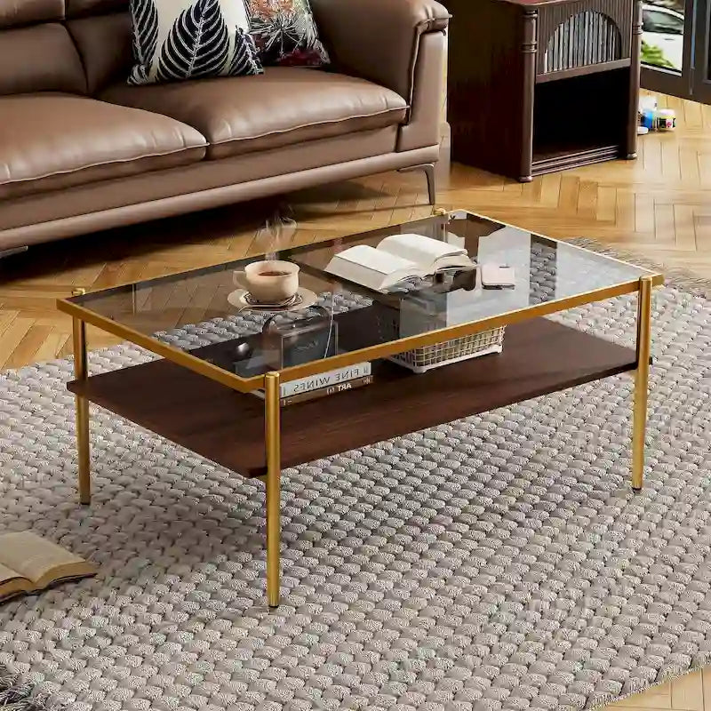 Rectangle Tempered Glass Coffee Table with Metal Legs