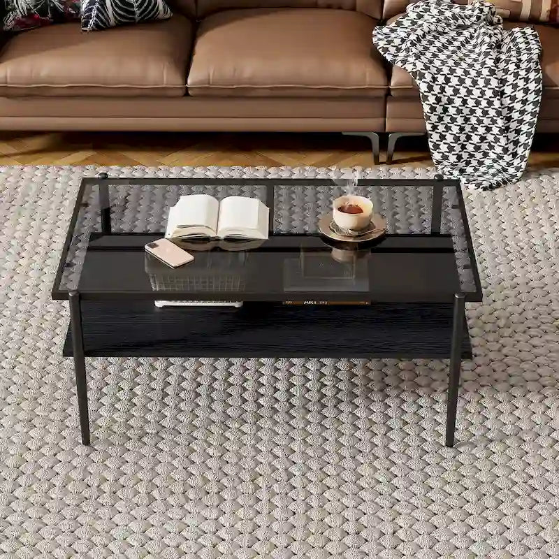 Rectangle Tempered Glass Coffee Table with Metal Legs