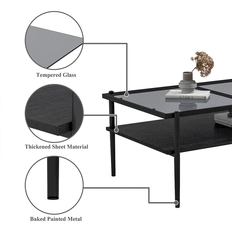 Rectangle Tempered Glass Coffee Table with Metal Legs