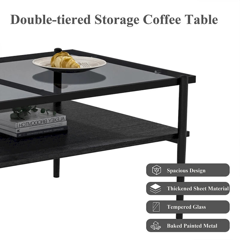 Rectangle Tempered Glass Coffee Table with Metal Legs