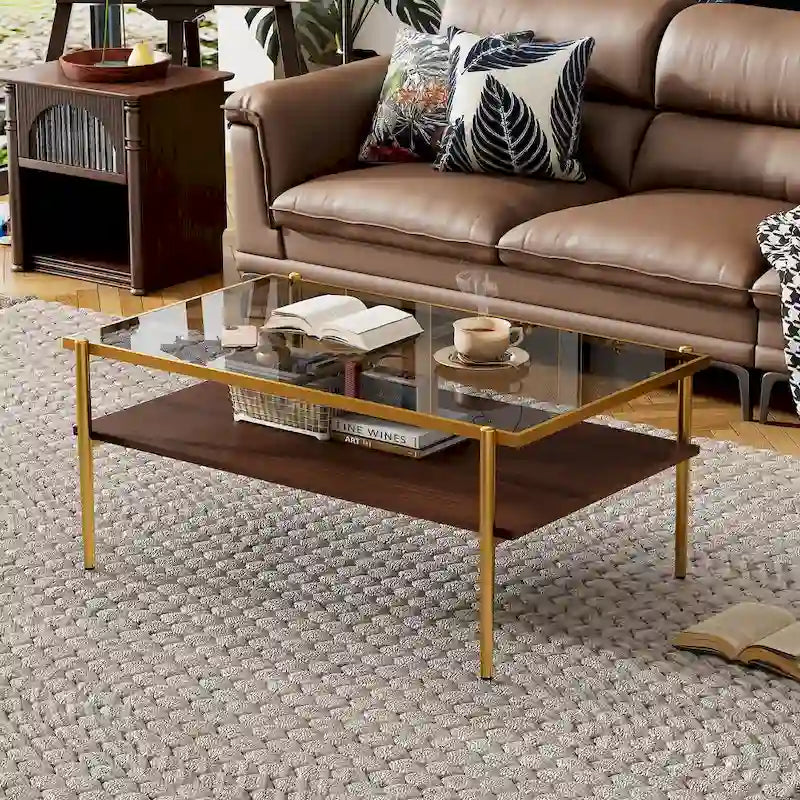 Rectangle Tempered Glass Coffee Table with Metal Legs