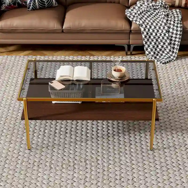 Rectangle Tempered Glass Coffee Table with Metal Legs