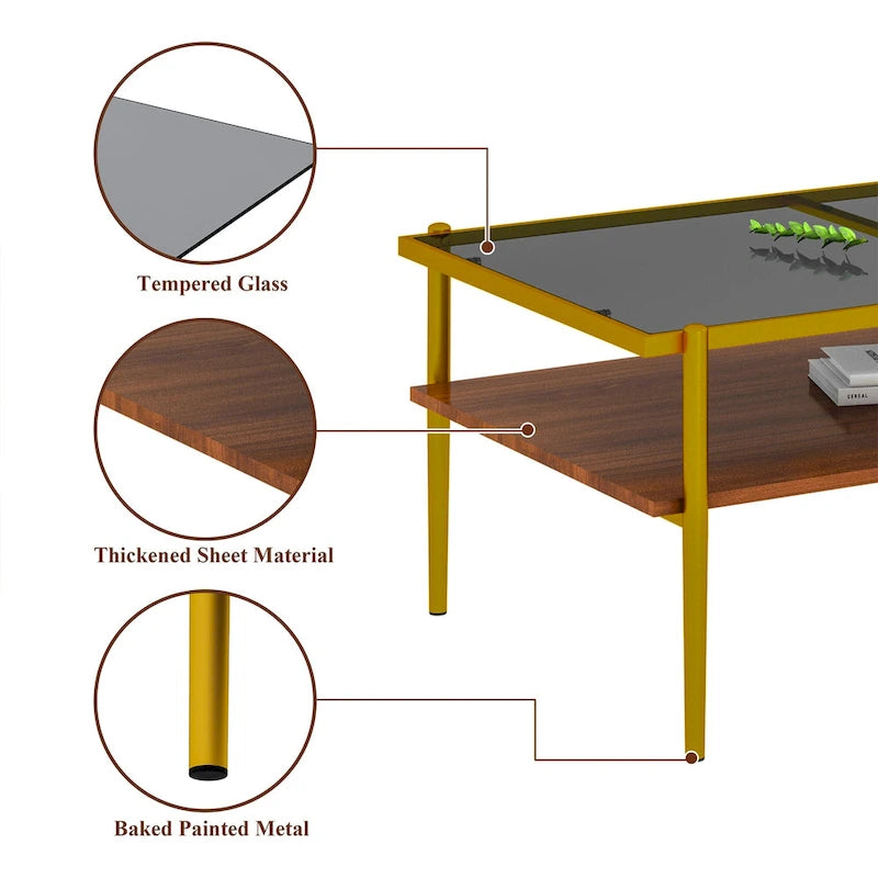 Rectangle Tempered Glass Coffee Table with Metal Legs