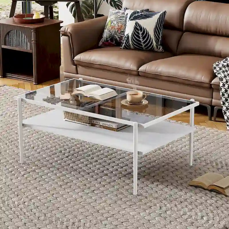Rectangle Tempered Glass Coffee Table with Metal Legs