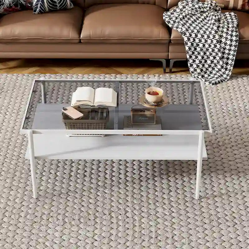 Rectangle Tempered Glass Coffee Table with Metal Legs