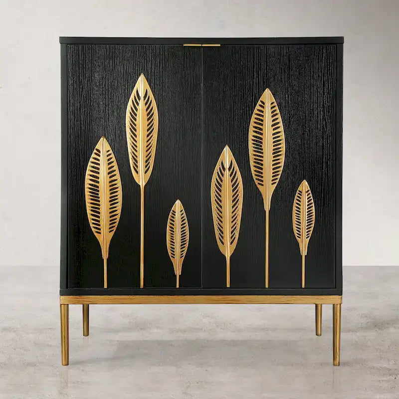 Mid-Century Modern Two-Door Accent Cabinet with Gold Leaf Detail