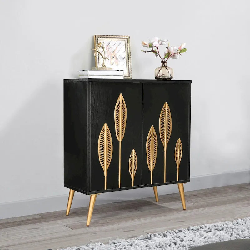 Mid-Century Modern Two-Door Accent Cabinet with Gold Leaf Detail