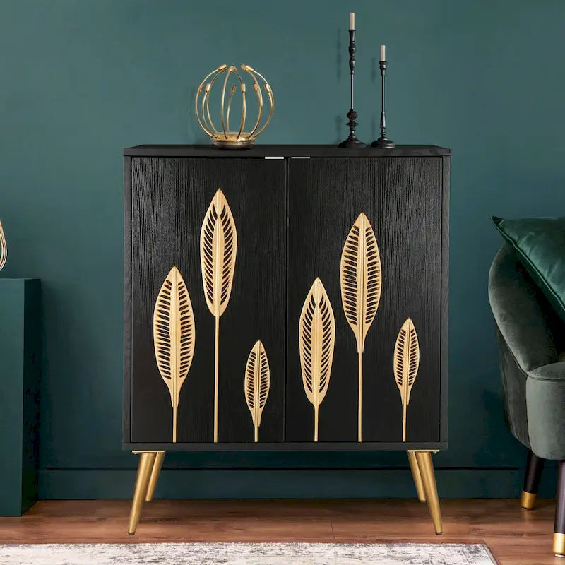 Mid-Century Modern Two-Door Accent Cabinet with Gold Leaf Detail