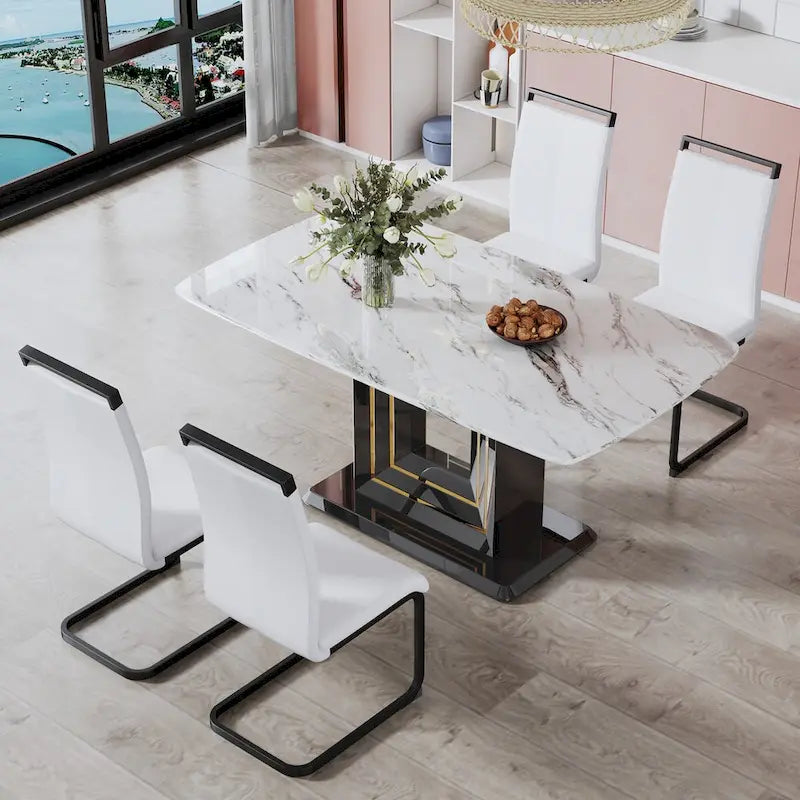 Marble Pattern Dining Table with Black MDF Legs