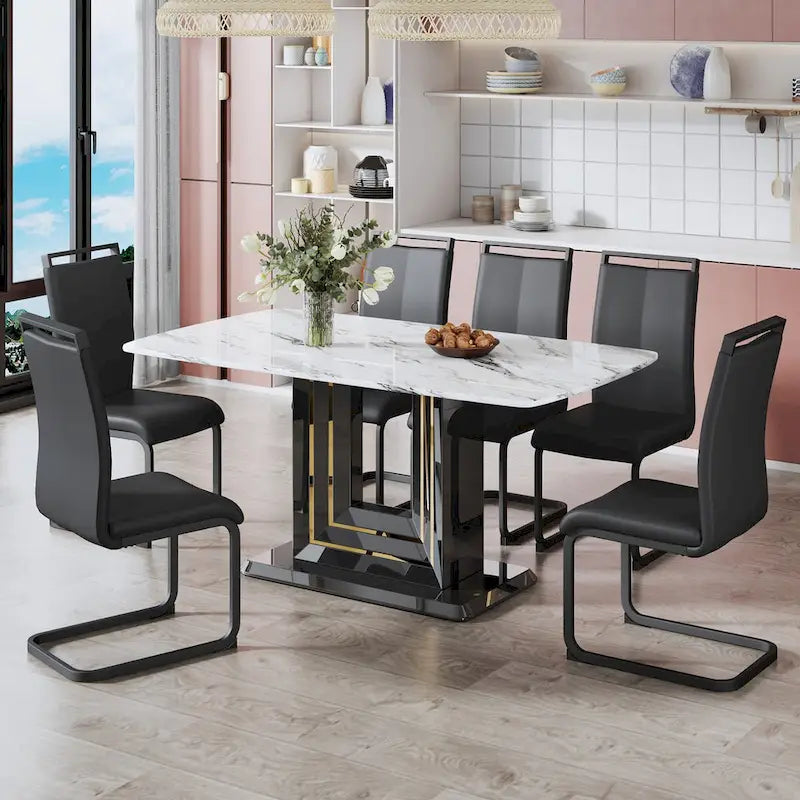 Marble Pattern Dining Table with Black MDF Legs