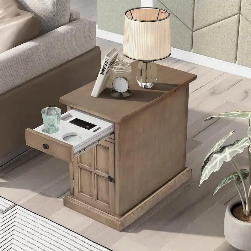 Vintage End Table with USB Port Drawer and Cup Holders