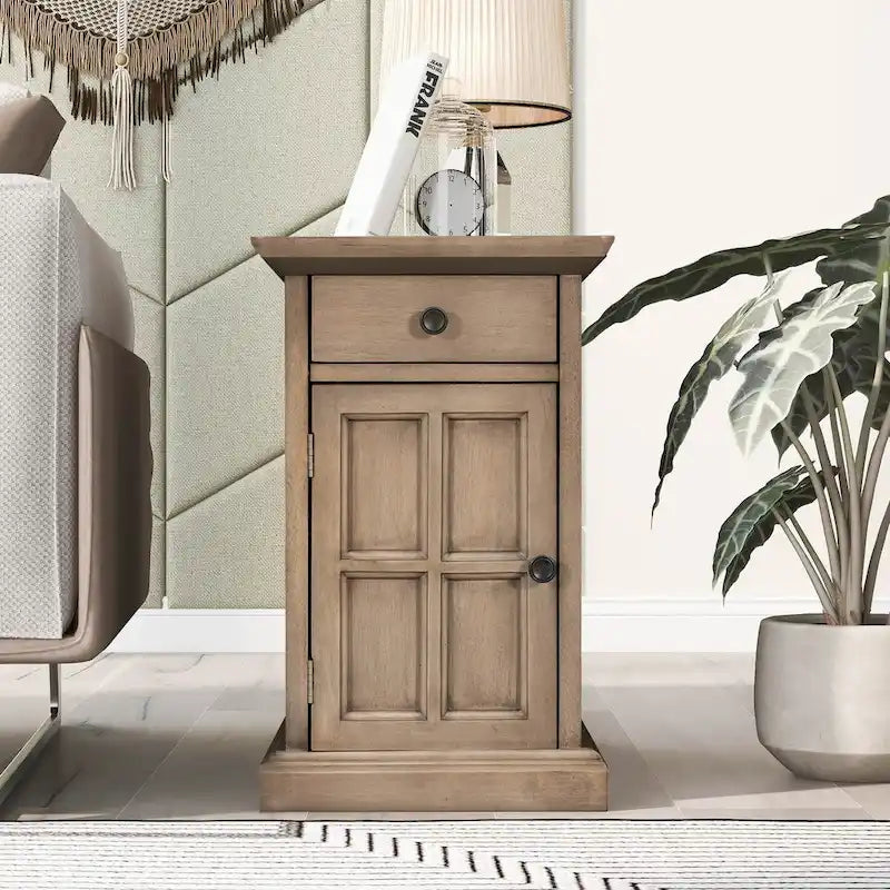 Vintage End Table with USB Port Drawer and Cup Holders