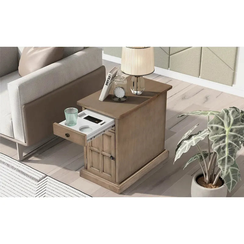 Vintage End Table with USB Port Drawer and Cup Holders