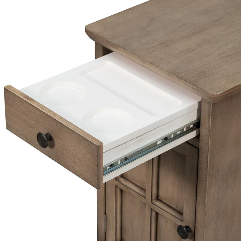 Vintage End Table with USB Port Drawer and Cup Holders