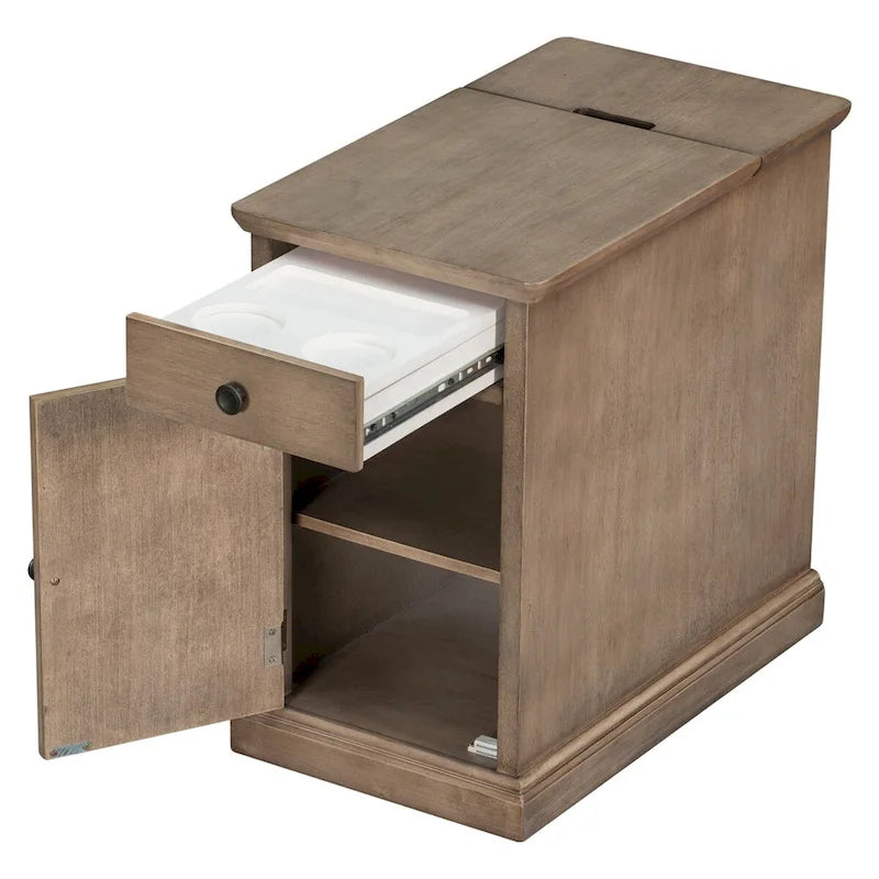 Vintage End Table with USB Port Drawer and Cup Holders