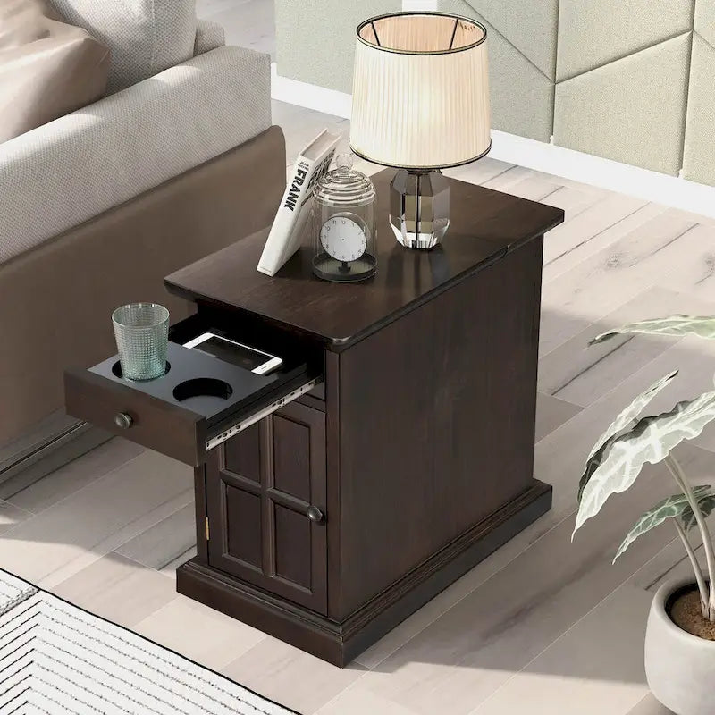 Vintage End Table with USB Port Drawer and Cup Holders