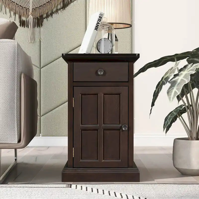 Vintage End Table with USB Port Drawer and Cup Holders