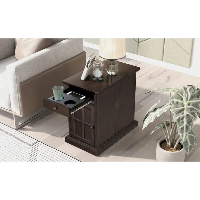 Vintage End Table with USB Port Drawer and Cup Holders