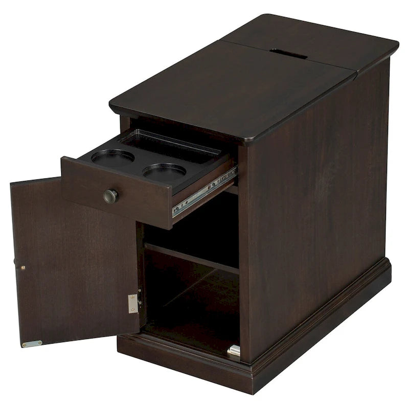 Vintage End Table with USB Port Drawer and Cup Holders