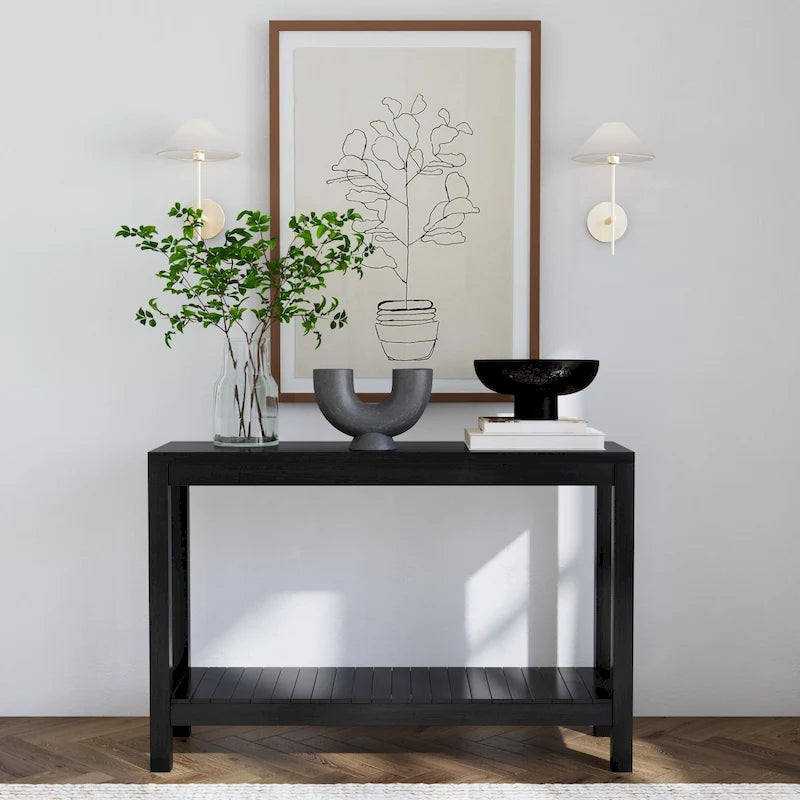 Solid Mindi Wood Slim Console Table with Bottom Shelf